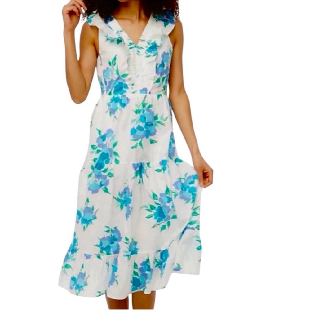 J. Crew Floral Printed V-Neck Smocked Ruffle Sleeveless Dress Size 0 NWT - Picture 2 of 8